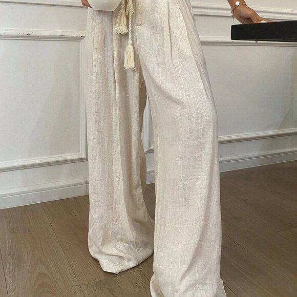 Apricot Casual Women's Pleated Waistband Drawstring Tassel Decor Pants - Picture 8 of 8